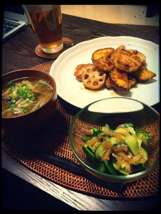 蓮根と薩摩芋の甘酢炒め、くらげときゅうりの酢の物|ゆかぴさん