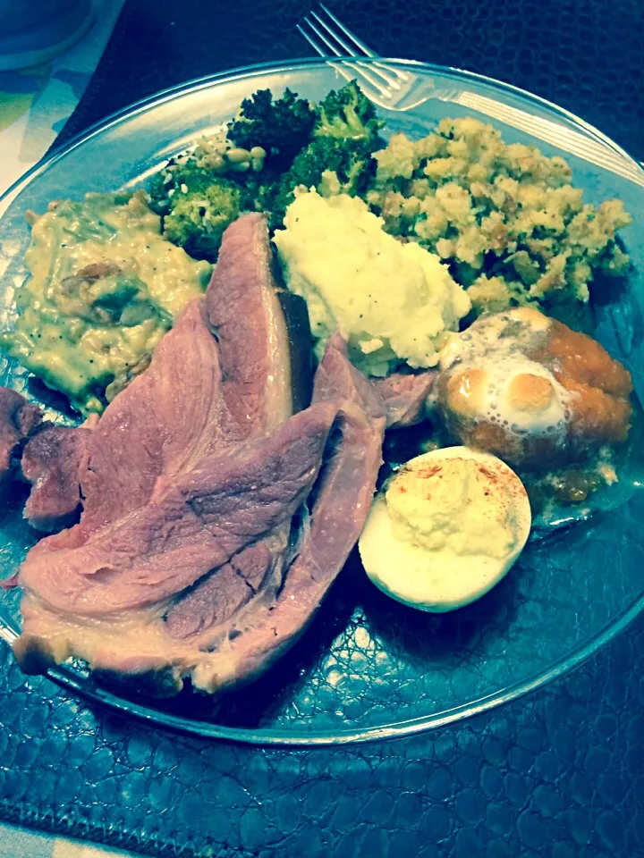 Snapdishの料理写真:Honey baked ham, green bean casserole, roasted citrus broccoli w/ pine nuts, stuffing, candid yams & deviled eggs!|FoodManOnWheelzさん