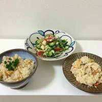 桜海老と油揚げの炊き込みご飯、豆腐サラダ、卯の花|KUBOTTTTTIさん