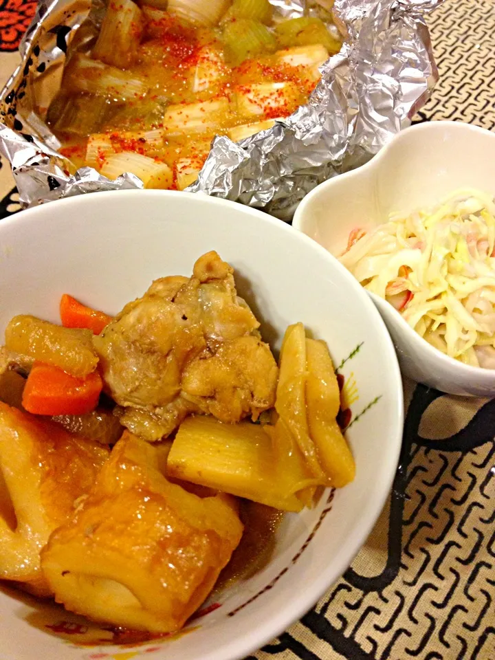 煮物、キャベツとカニカマの和え物、ネギの味噌焼き🎵|Konohaさん