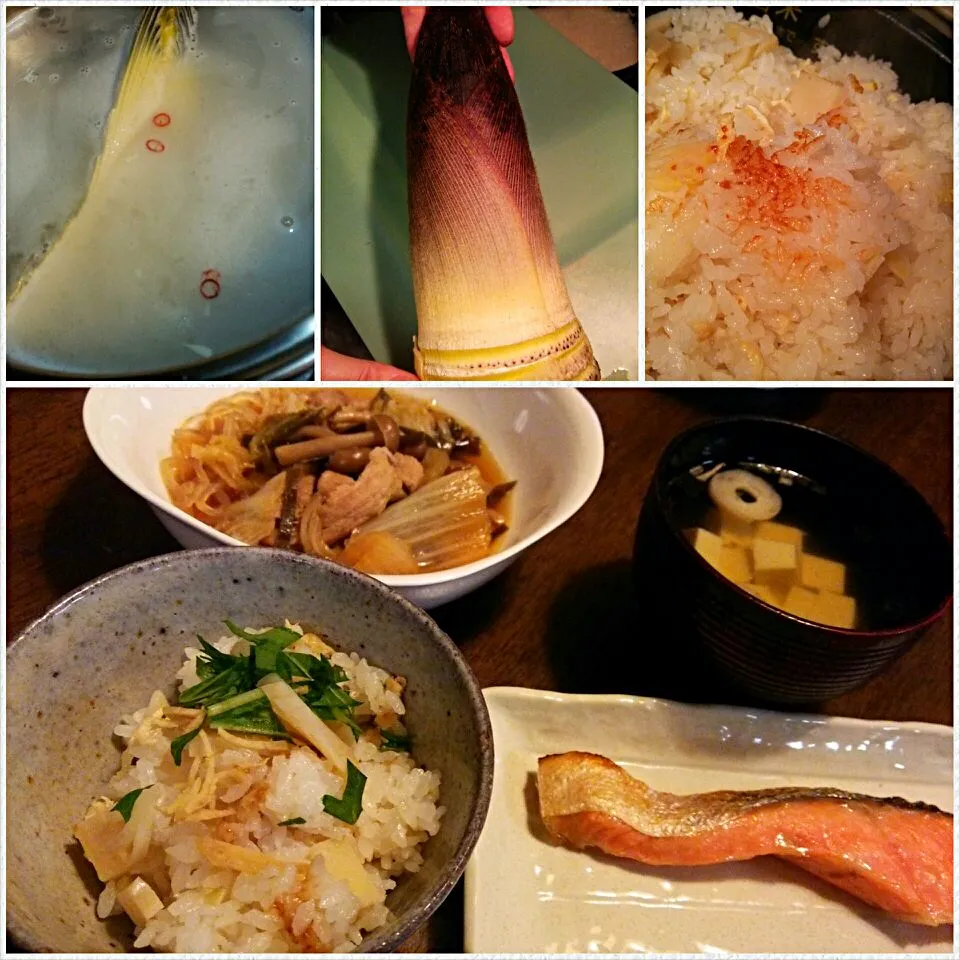 Snapdishの料理写真:メインは今年初の筍ご飯♪お焦げも綺麗に出来てて美味しい！
それに白菜の炊いたん♪他|Yukariさん