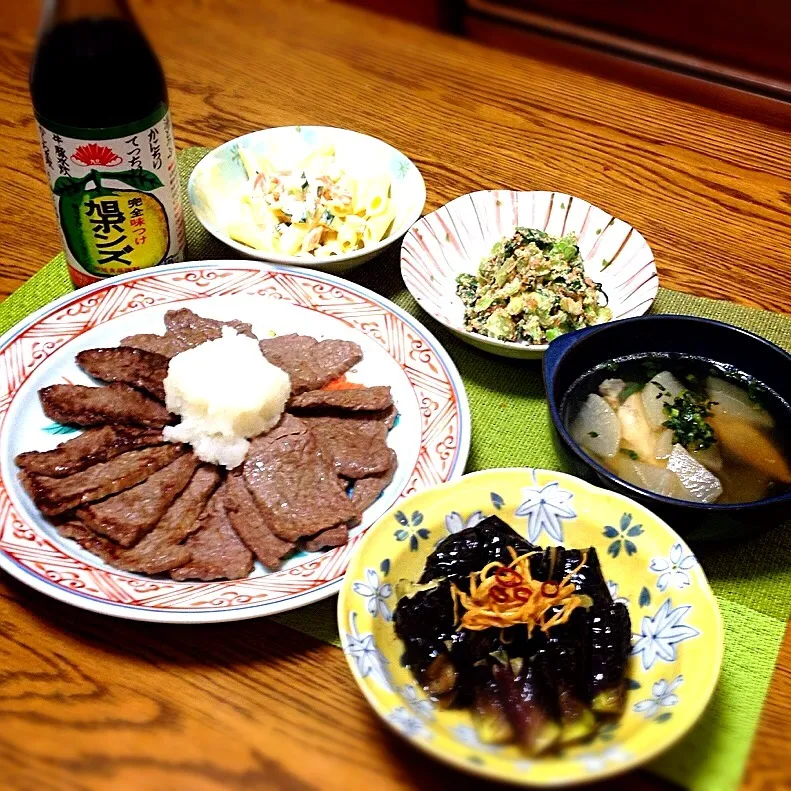 ペンネのサラダ・青梗菜でおかなさんの白菜サラダ・手羽先と大根のスープ・揚げナスの香味醤油・近江牛焼いたの|美也子さん