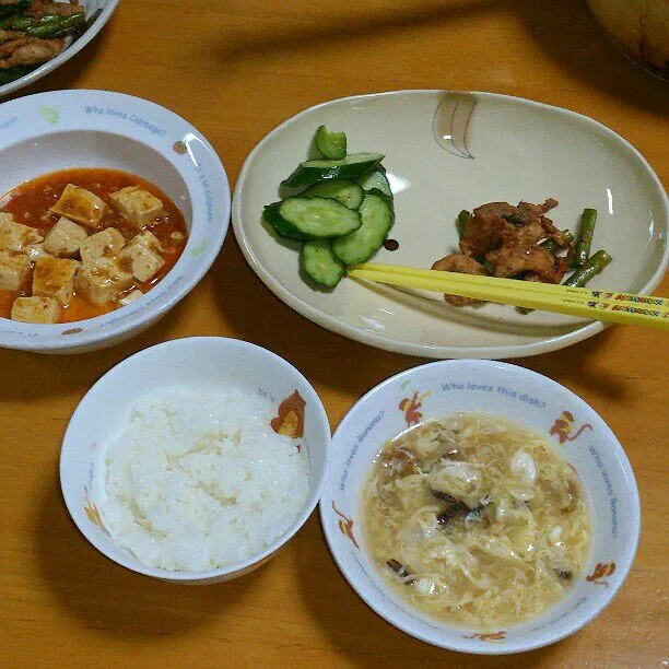 今日の夕食
麻婆豆腐、フカヒレスープ、鶏味噌焼き、きゅうりの浅漬け|ふみぃさん