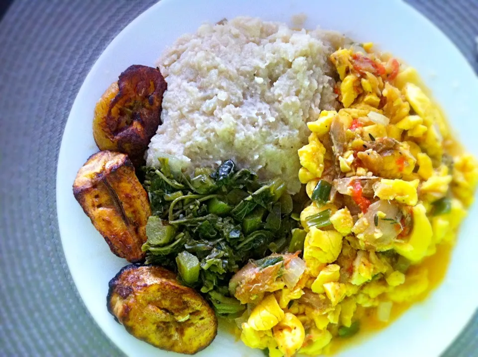 Jamaican National Dish. Ackee and Salt Fish. Green Banana, Cahlaloo, Plantain.|T.E.Dennisさん