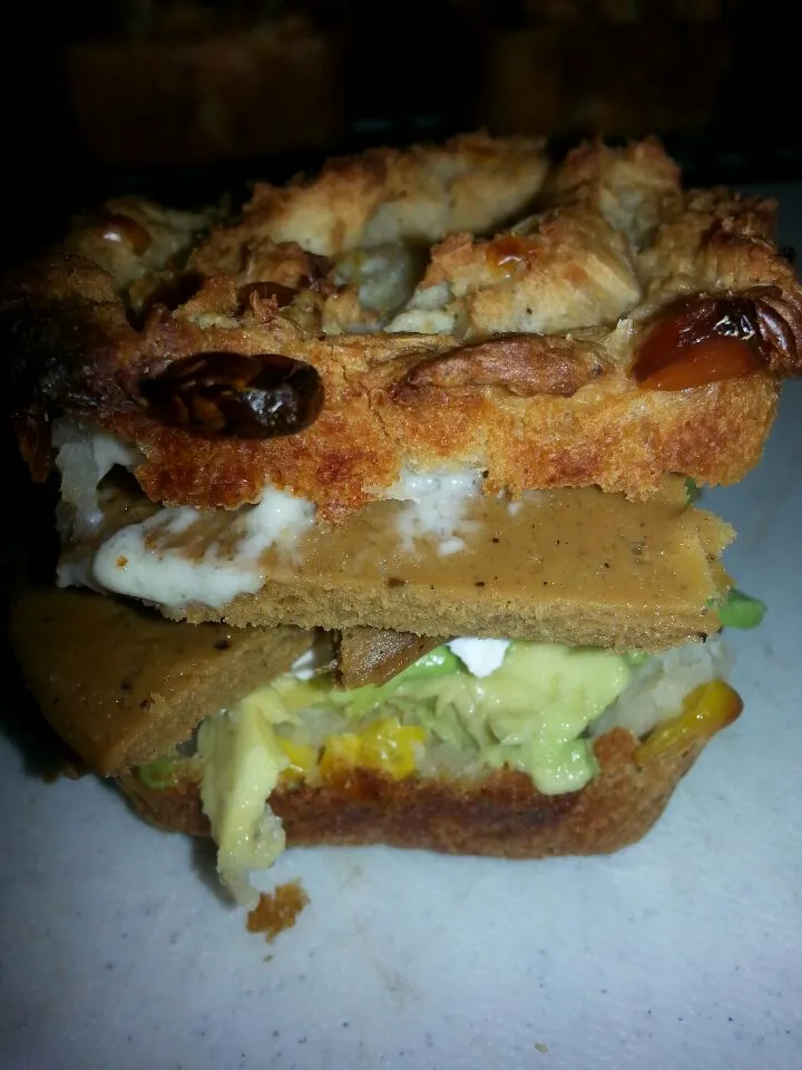 Snapdishの料理写真:my yucca root muffin sandwich.  with avocado,  fake:mayo,  roast beef, and Cream cheese.|Polly Gelfusoさん