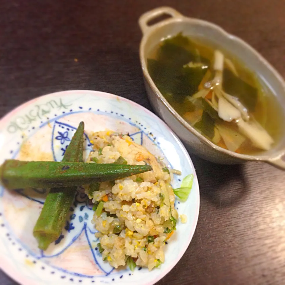 Snapdishの料理写真:チャーハン おくらカレー  すっぽんスープ|2boy mamさん