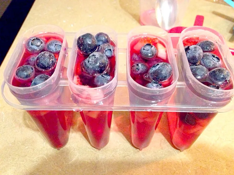 Snapdishの料理写真:Popsicles with juice, blueberries, and strawberries|Jessica Cさん