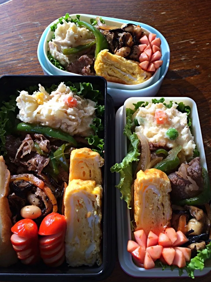 牛肉炒め＆ポテサラ＆ひじき弁当|まる(*･ω･*)さん