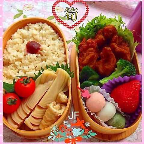 筍煮染めと唐揚げ弁当♥︎お団子付き( ´ ▽ ` )|Blueberry🫐さん