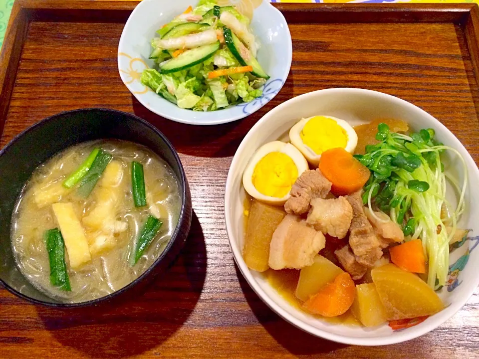 豚肉と卵の角煮風、塩もみ野菜のツナあえ、つるつる春雨の味噌汁|Iggywiggyさん