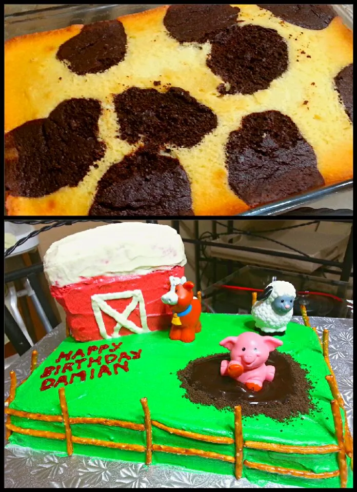 Chocolate and Vanilla Cow Spot Birthday Cake (farm theme for son's birthday)|S Theoさん