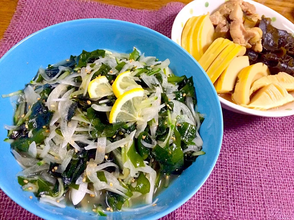 みずほさんの料理 新玉ねぎ&ワカメのナムル風サラダと今朝とれ筍の煮物(o^^o)|くみさんさん