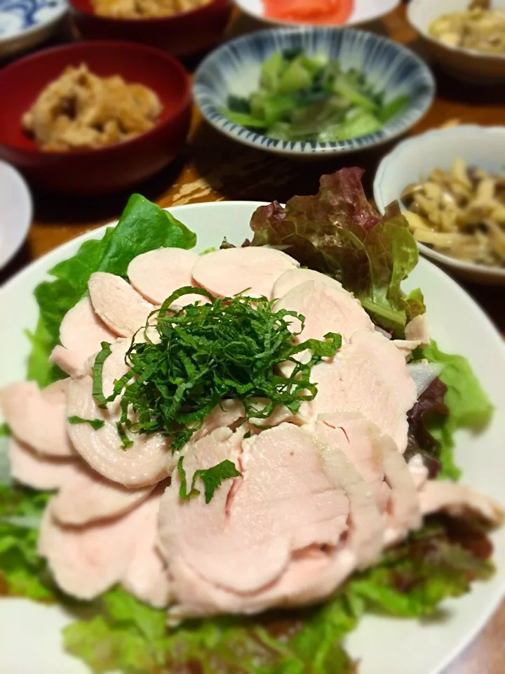 Snapdishの料理写真:鶏ハム、油揚げの甘辛煮、青梗菜胡麻味噌あえ、キノコのマリネ|raku_darさん