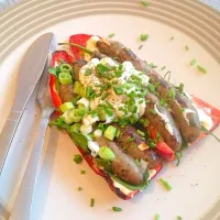 Lamb sausage filled pepper with chives|Fionaさん