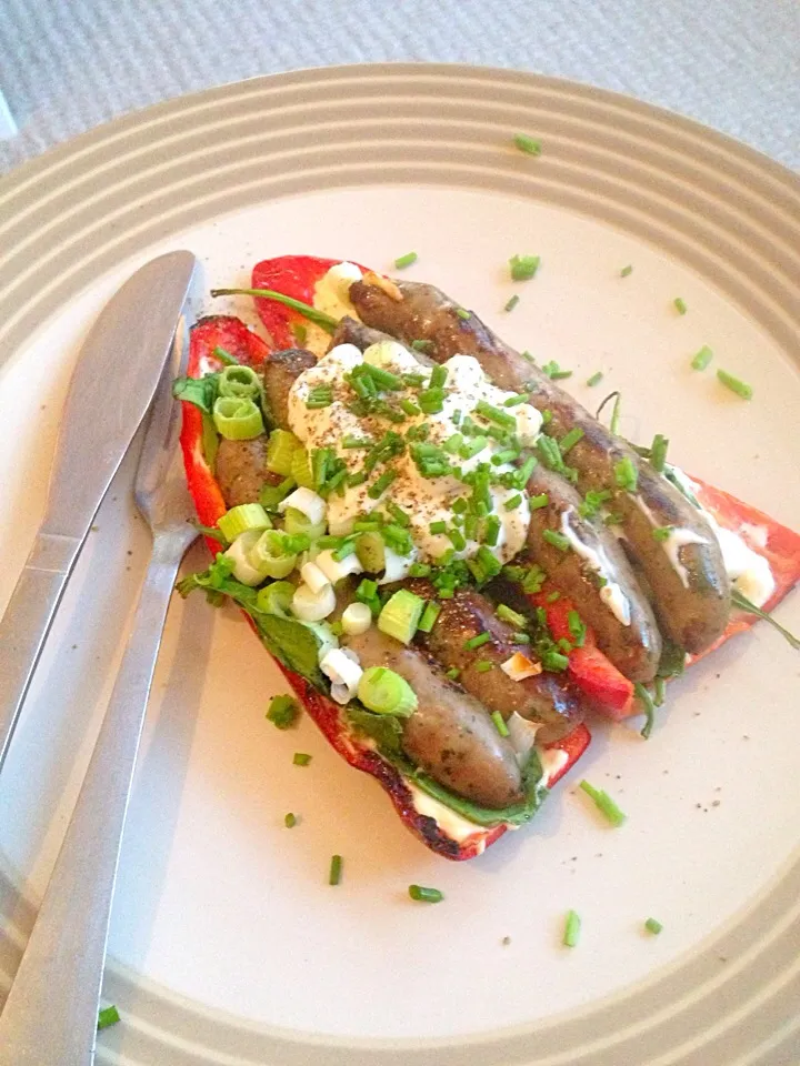 Lamb sausage filled pepper with chives|Fionaさん