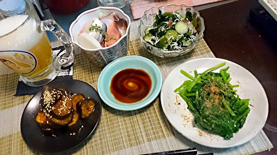 柳田のお刺身＆酢の物＆ホウレン草のおひたし＆茄子の味噌炒め|まぐろさん