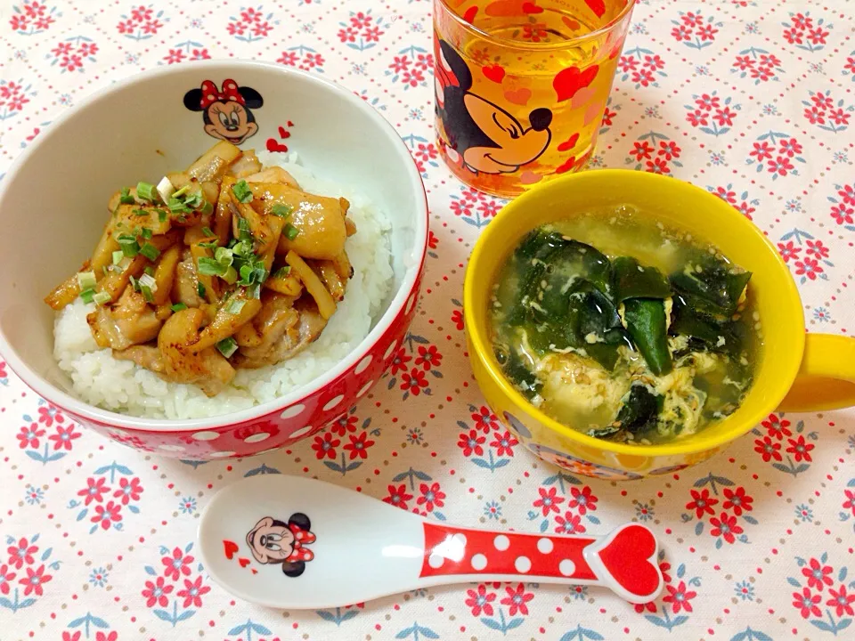 鶏肉と蓮根のバター醤油丼♡卵わかめスープ|♡りさ ♡さん