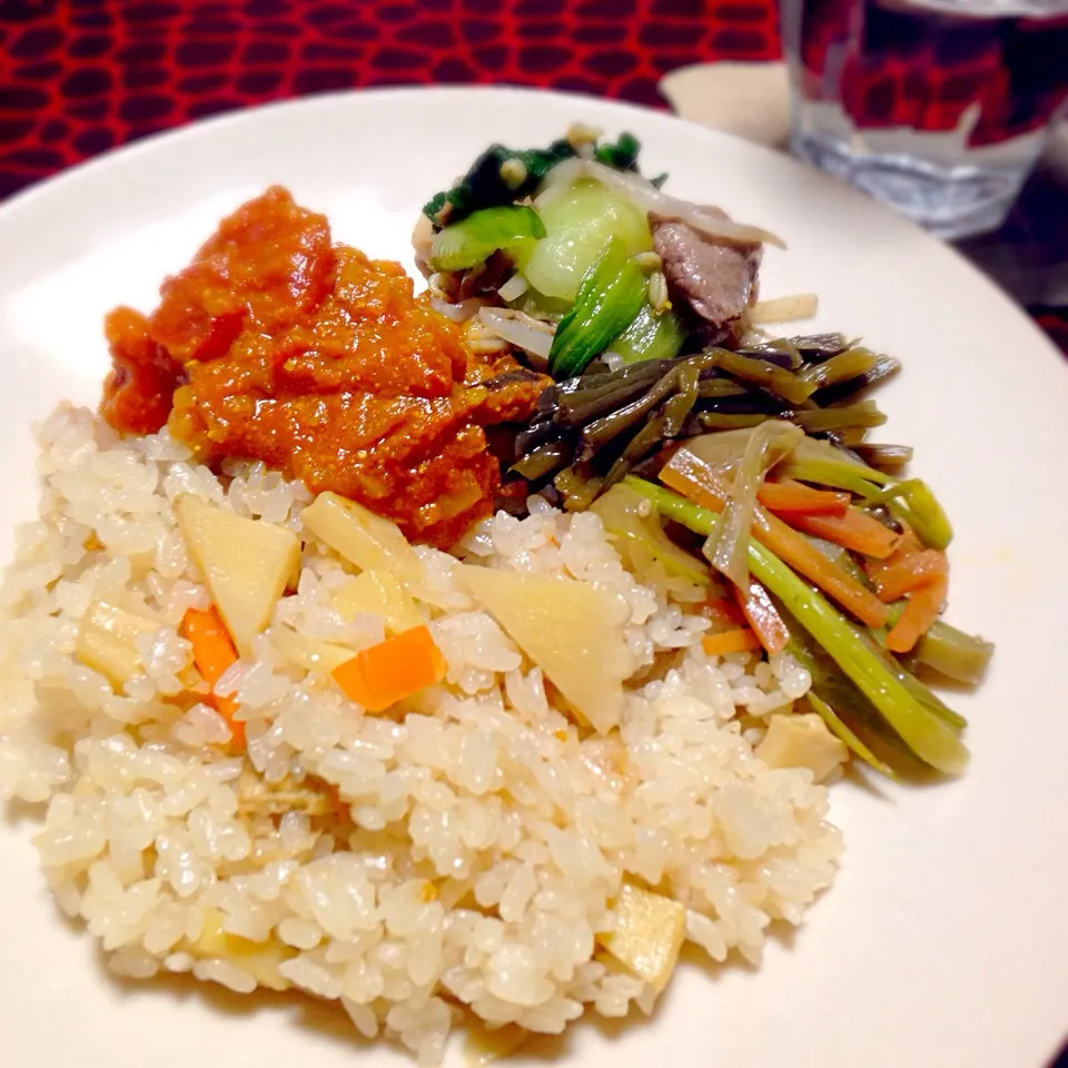 Snapdishの料理写真:タケノコご飯、ウドのきんぴら、カタハの煮物、タコカレー、青梗菜のにんにく炒め|hibi_apeさん