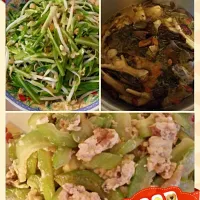 Snapdishの料理写真:black fungus chicken soup,  bitterground egg, stir fry vegetables|Jessica Leeさん