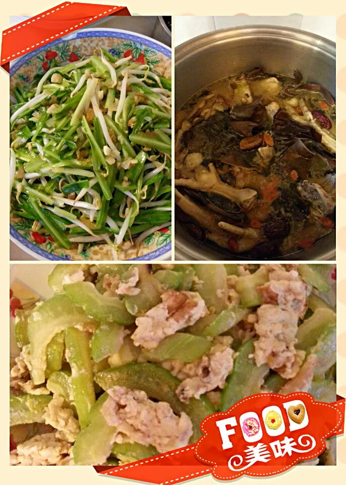 Snapdishの料理写真:black fungus chicken soup,  bitterground egg, stir fry vegetables|Jessica Leeさん