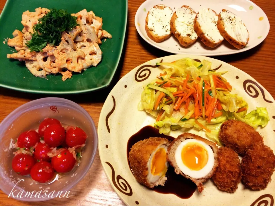 Snapdishの料理写真:Tomoko Itoさんの料理 レンコンとタラコの簡単おつまみ♥️  「ごちそうさん」のスコッチエッグ♪スモークチーズ入りメンチカツ♪|かまさん