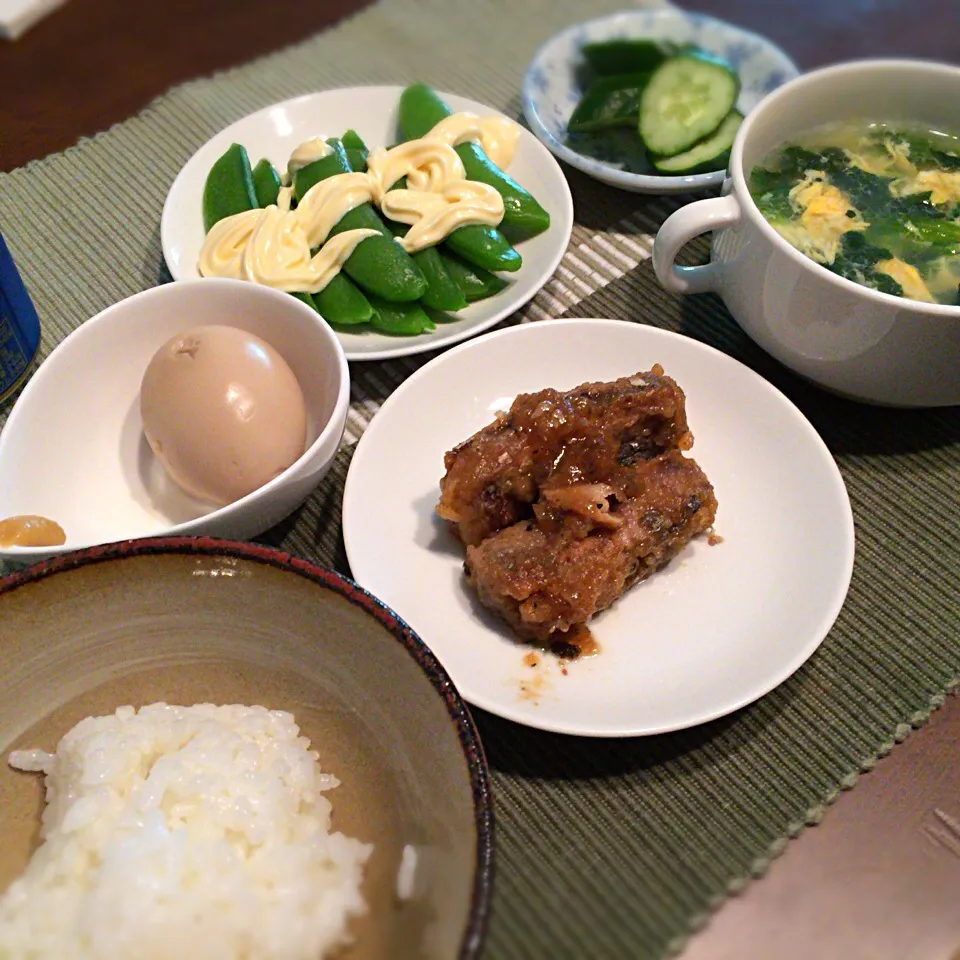 サンマ南蛮漬け 煮玉子 絹さや かき卵汁|さるさん