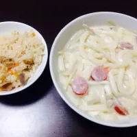 クリームうどんと鳥の炊き込みご飯|りささん