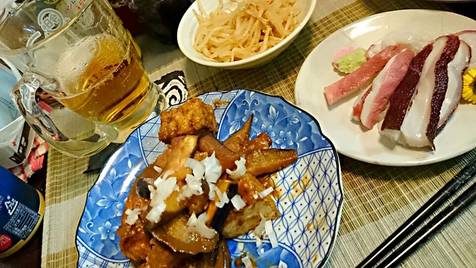 もやしのナムル＆タコの頭＆豚肉と厚揚げと茄子の味噌炒め|まぐろさん