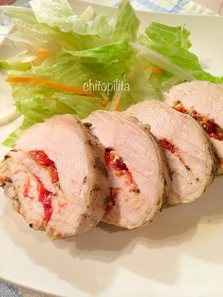 Chicken ham with mustard and tomato|chitopilitaさん