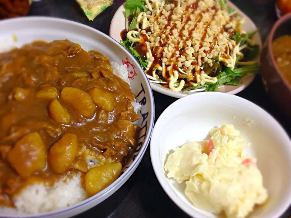 今日の晩ご飯は、さつまいもカレー、水菜のお好み焼き風サラダ、ポテトサラダ。|ゆえさん