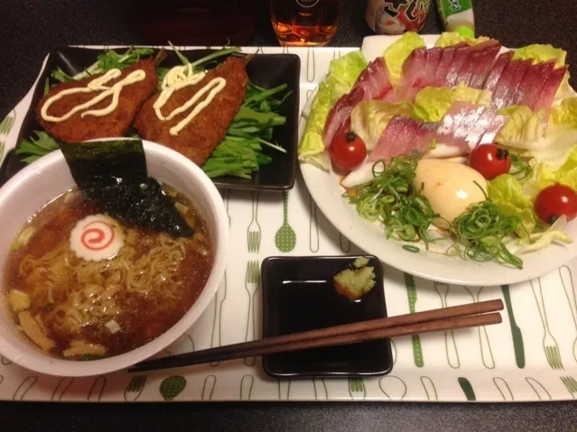 Snapdishの料理写真:麺づくり、鯵フライとサラダ水菜、ヒラマサのお刺身、男奴、ミニ🍅！✩⃛꒰⁎⁍̴◡⁍̴⁎ ॢ꒱✨|サソリさん