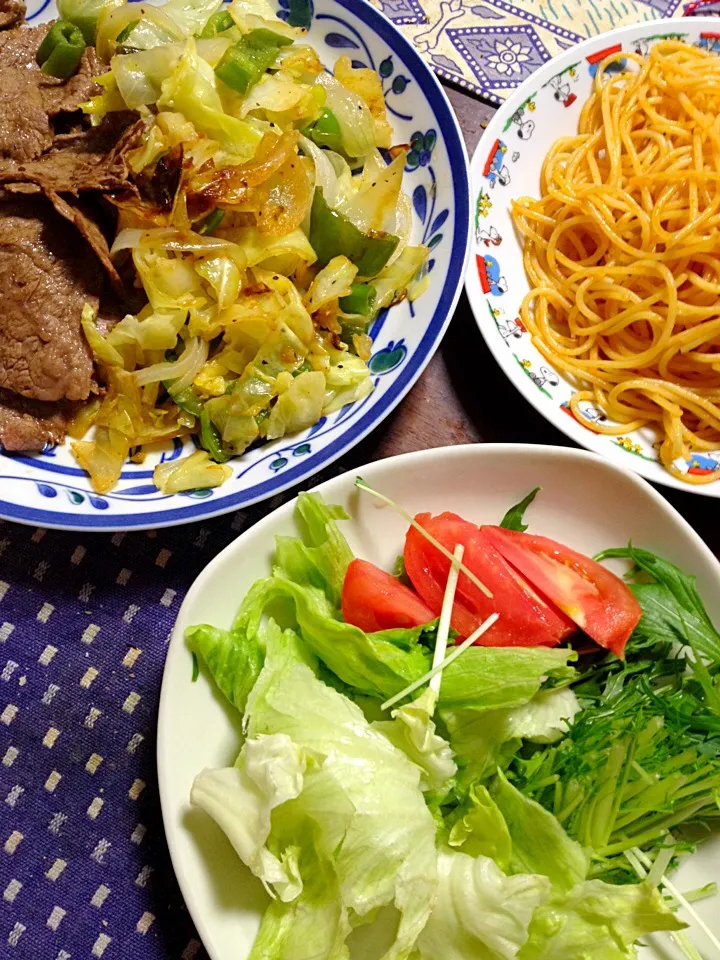 野菜炒め焼肉風 サラダ ケチャップパスタ|掛谷節子さん