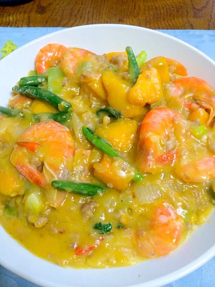 (ginataanggulay)Veg.#squash,japanese mustard spinach,stringbeans)shrimp#coconutmilk😋|MJ🇵🇭🇯🇵さん