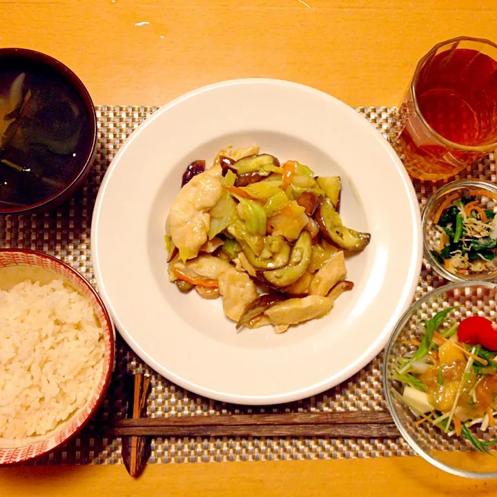 ササミと海老の中華炒め 法蓮草のポン酢和え 水菜と新玉ねぎの手作りレモンジュレドレ|中西 ツヨシさん