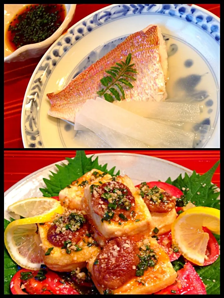 ちーちさんの揚げ豆腐ガドガド風    ＆🐟鯛の酒煮|もとぱんさん