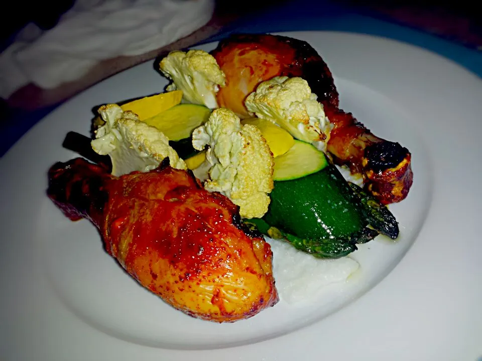 Honey wine roasted Chicken with garlic butter veggies and a coconut rice puree.|Michael M Schleyerさん