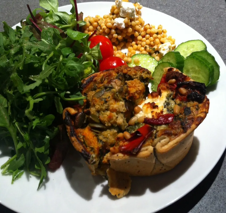 Dinner is served - butternut squash pie and spinach feta pie with salad and giant cous cous! Yay x|🍓Jolejo🍓さん