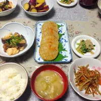 さつまいも甘煮、茄子とささみの梅照り焼き、きんぴらぼう、三つ葉とえのきの柚子胡椒おひたし|noolongさん