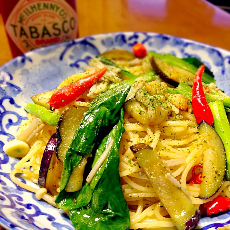 オヤジ特製「小松菜と茄子とアスパラのペペロンチーノ」|TETSU♪😋さん