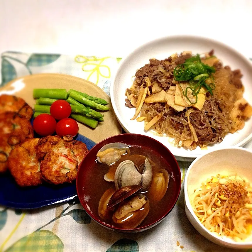 にゃんこmoさんの料理 簡単❗️激安モチモチ豆腐💕・タケノコたっぷりチャプチェ・もやしのナムル・あさりの味噌汁|美也子さん