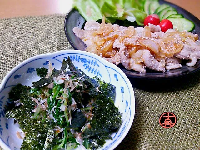 水菜とカリカリじゃこの昆布つゆ和え・昆布つゆに漬け込み豚の生姜焼|真希さん