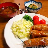 Snapdishの料理写真:＊野菜の肉巻き 
    (水菜、えのき、人参) 
＊切干大根ときゅうりの和え物 
＊お味噌汁|うみたんさん