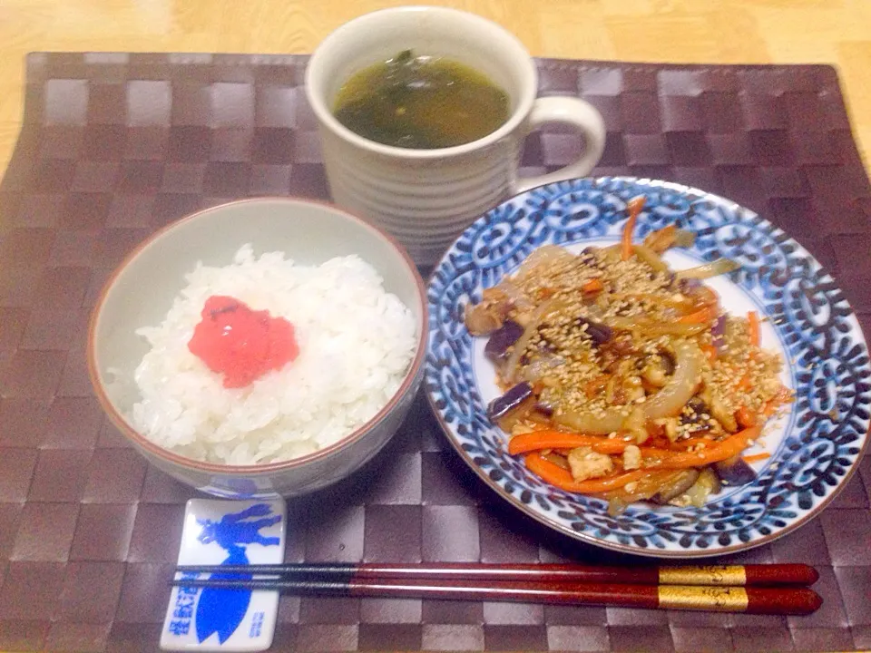 鶏のささ身&春野菜のオイスターソース炒め・ワカメの中華スープ・明太子ご飯|Tarou  Masayukiさん