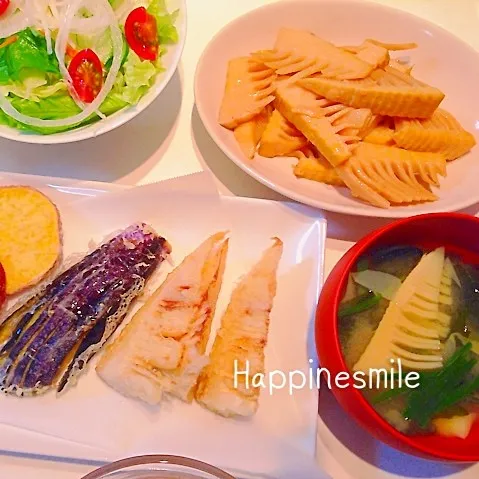 Snapdishの料理写真:たけのこ天ぷら、メンマ、みそ汁|Happinesmileさん