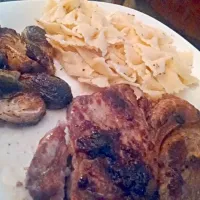 Pork steak, buttered noddles with rosemary, and roasted brussel sprouts!|Anna Cockayneさん