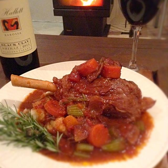Slow cooked lamb shank with honey mustard rosemary red wine and garlic