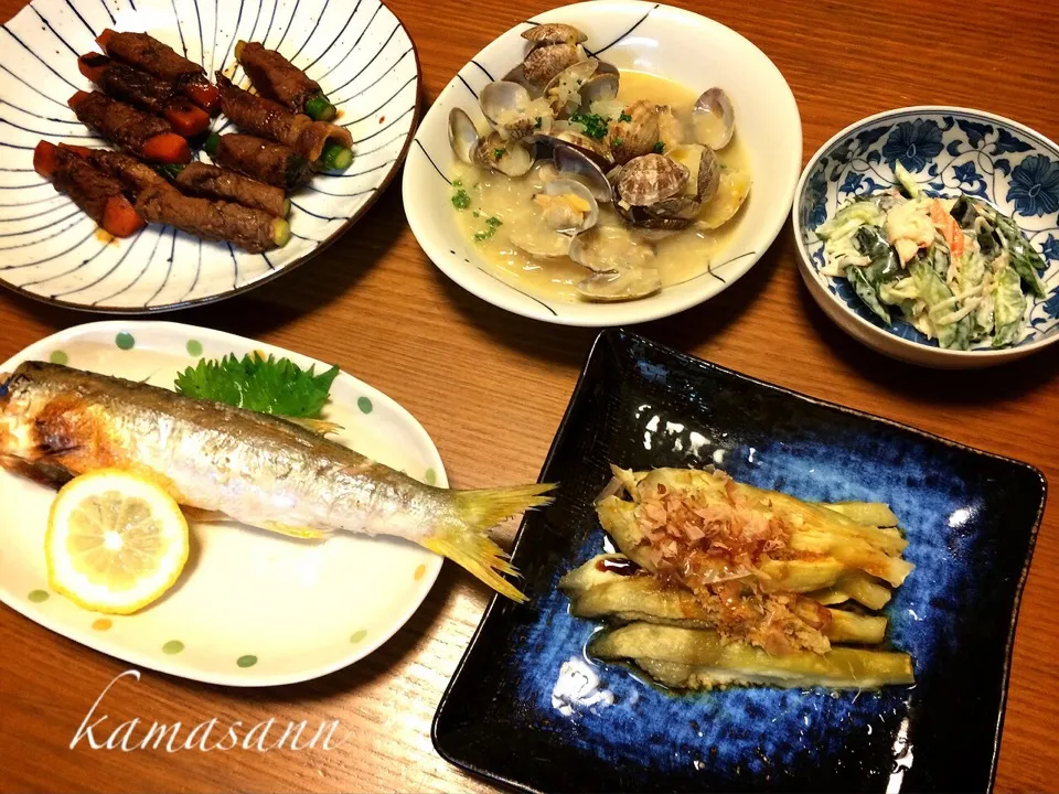 Snapdishの料理写真:かますの塩焼き🐟 アスパラ、人参の肉巻きとか…(´･Д･)」|かまさん