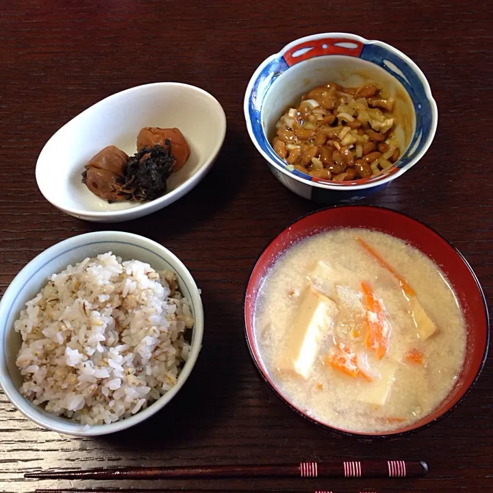 朝ごはんは豆乳スープに餠麦ご飯に納豆。今年も漬けたいね！梅干し。|Noriko  Karasawaさん