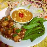 Sesame chicken; chicken summer rolls; spicy peanut sauce.|Arinさん