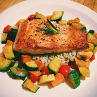 Salmon, squash, sweet potato, brown rice, with browned butter and rosemary